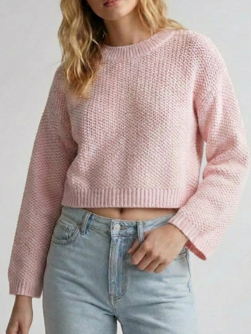 ZARA Blush Pink Chunky Knit Cropped Crewneck Sweater